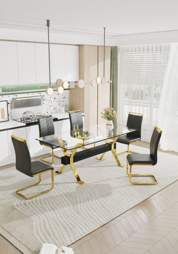 d1eba6d2ae224c10b54793e69f12619d_20230727_ef4e5e192fb17c0297a283a170c40011 Dining table. Modern tempered glass dining table. Large modern office desk with gold plated metal legs and MDF crossbars, suitable for both home and office use. Kitchen. 79 ''x39''x30 '' 1105