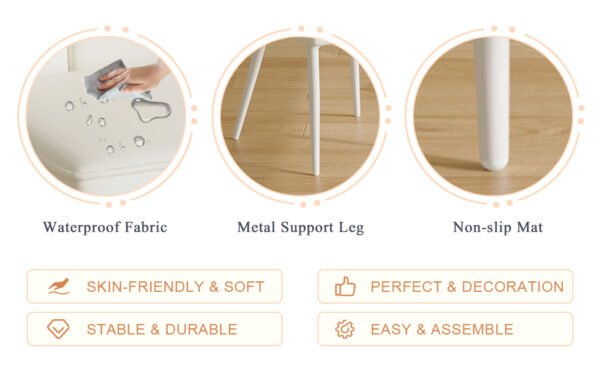 d1fcc88ef81342e9986bb927b7c6cd33_eae555d04e3617f77e07b5633a712da7 Modern minimalist dining chairs, white PU back and seat cushion, white metal legs, suitable for dining room,living room.Cream-Style dining chairs with a vertical line design on backrest.Six Pieces.