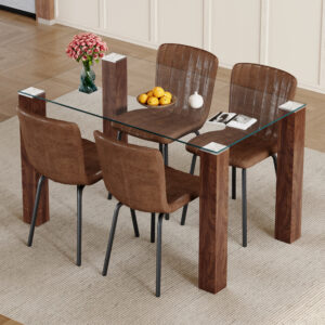 Table and chair set.A 49.6*30 Inch Transparent Tempered Glass Dining Table With Walnut Wood Grain MDF Legs.Paired With 4 Brown Technology Fabric Dining Chairs With Black Metal Leg.