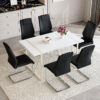 Table and chair set.55"x31.4" Cream-Style White MDF Dining Table Set with 6 Black Chairs With Silver Metal Legs.MDF Tabletop and metal frame legs.Adding a warm and gentle atmosphere to your family.
