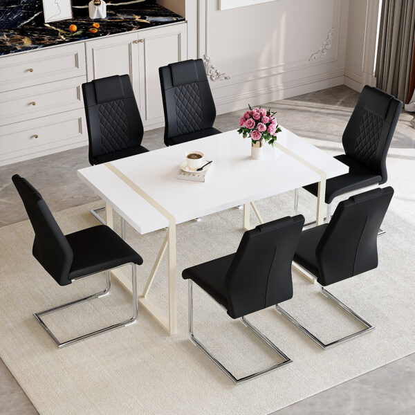 d21225efbae848eeab3ef98f961080b8_a83a2f9d8d6d5c0e611d62e03285f354 Table and chair set.55"x31.4" Cream-Style White MDF Dining Table Set with 6 Black Chairs With Silver Metal Legs.MDF Tabletop and metal frame legs.Adding a warm and gentle atmosphere to your family.