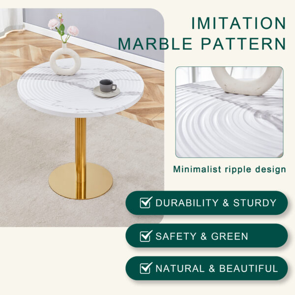 d21f1f1186f647de8dffedd5bd4ca1ad_d5d4225ddbfd9680ff7854b98d0da705 Table and chair set.31.5 Inch Elegant White Marble Pattern Round Dining Table - Suction Molding Annular Texture.Paired With 4 Black PU Chairs with Simple Line Designs On The Backrest.