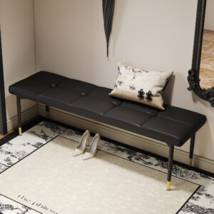 59*17 Inch Multifunctional Black Shoe Bench - Faux PU Cushion, Sturdy Metal Legs With Gold Accents.Suitable For Bedroom,Fitting room, Storage room, Dining room, and Living room,etc.