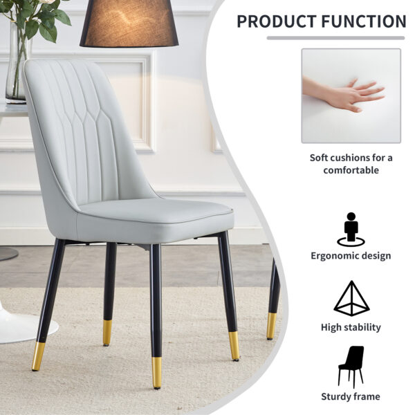 d236f445f73949f09db6cf56b9231cd6_20231107_e6902e88756b7f079fb8803510ff9709 Modern dining chairs are equipped with light gray PU artificial leather backrest cushions and black metal legs, suitable for restaurants,kitchens,and bedrooms.Set of 4pieces (light gray+PU)W1151118943