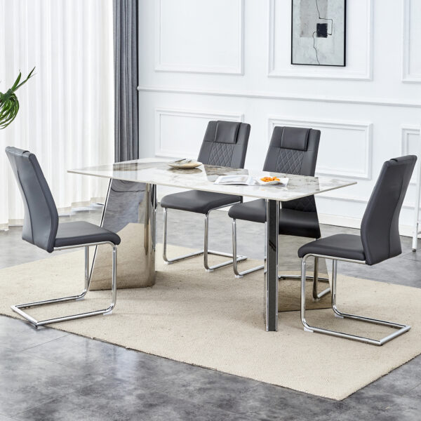 d296dbe4645947f38dfd4de58c201c4f_624d842c2c9a38bb2e6e17a5b31ed64e Table and chair set.63"x31.5x30" Luxurious Pandora patterned Sintered Stone Tabletop with Silver Stainless Steel Butterfly Legs.Paried With 4 Dark Gray High-quality PU Chairs With Arched Metal Legs.