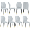 8 light gray modern dining chairs with stylish PU patterned backrest and black metal legs for a comfortable home experience in the kitchen, bedroom and office.