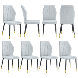8 light gray modern dining chairs with stylish PU patterned backrest and black metal legs for a comfortable home experience in the kitchen, bedroom and office.