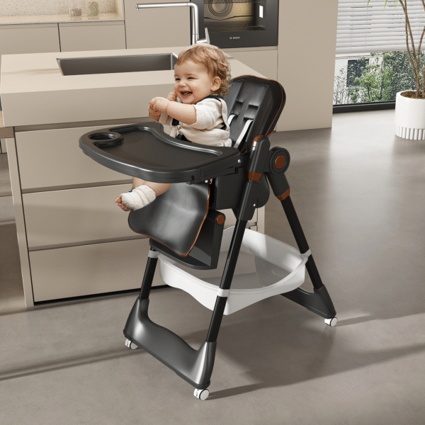 Adjustable Baby High Chair 0-6 Years – Portable Infant Feeding Seat with Safety Belt, Silent Lockable Wheels & Easy-Clean Design for Home, Dining, Living Room, Bedroom (Black)