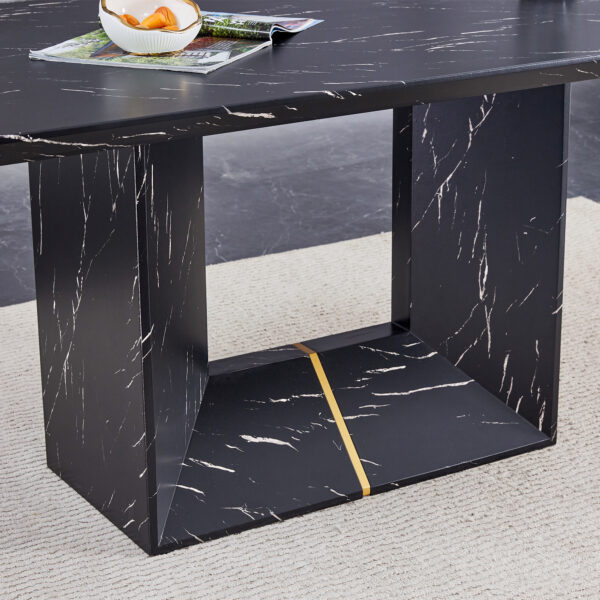 Table and chair set.Black Marble Pattern MDF Dining Table Set - 63"x35.4" with 6 Light Gray Linen Fabric Chairs.Integrated Seat and Backrest,Linen-Cotton Material.Suitable for kitchen,Dining room,etc.