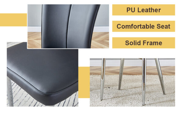 d32206027d3d426b8b4f125309c85f18_6f6f339b8b2bd582a2bc377d21f20e07 Table and chair set.63"x31.5x30" Luxurious Pandora patterned Sintered Stone Tabletop with Silver Stainless Steel Legs.Paried With 6 Black PU Chairs with a vertical stripe design on the backrest.