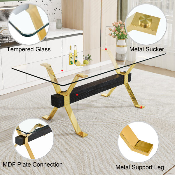 d339034d9ef74c659468624d9aad5918_e94e12729e8c5c47786952012b7c46a0 Dining table. Modern tempered glass dining table. Large modern office desk with gold metal legs and MDF crossbars, suitable for home and office use. Kitchen .71 ''x35.4''x30 '' 1105