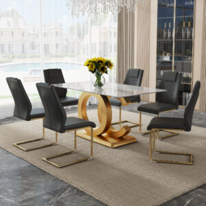 Table and chair set.Subtle Luxury Tempered Glass Dining Set - 63"x35.4" with 6 Black PU Chairs with golden C-tube metal leg.Arched Metal Gold Leg.White imitation marble texture sticker Tabletop.
