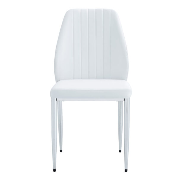 d36db9fbaae347078f3b32c41891c31c_6591cf6dbc8f8fb97ab4d06636a072ec Set of Four White PU Comfort Dining Chairs (17.7"x25").Dining chair with extended backrest,WHITE PU,Silver metal legs,Suitable for various places such as family restaurants, hotels, coffee shops,etc.