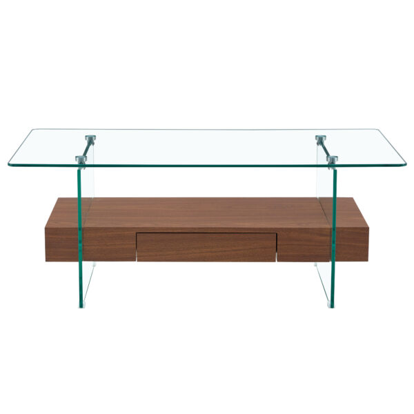 43.3 Inch Modern Two-Tier Coffee Table - Clear Tempered Glass and Dark Wood Grain, Multifunctional Storage Design.The bottom tier includes a drawer.Can be used as a coffee table,side table,etc.