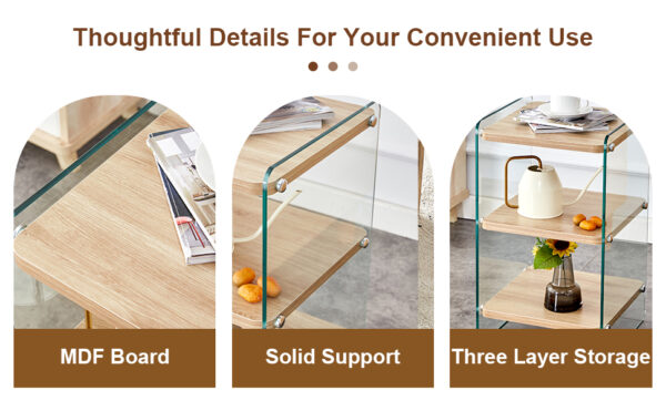 Three-tier side table and bunk coffee table set. The board is made of MDF with wood stickers and clear tempered glass on both sides. The design is simple and elegant, with powerful storage function