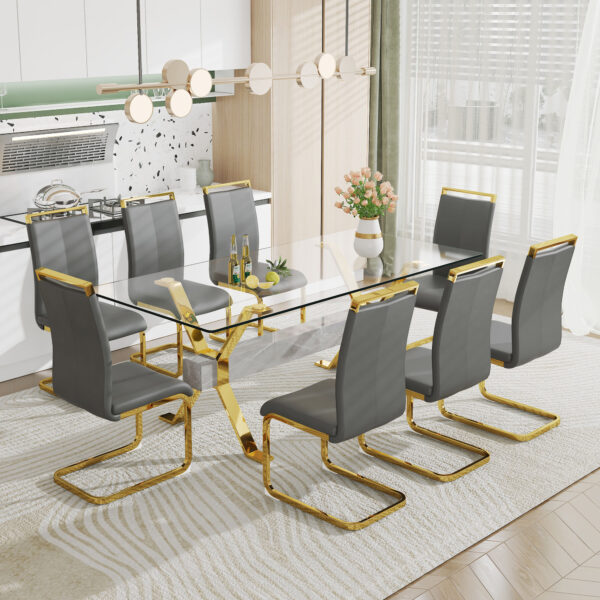 d3a60eaddc0a436f846fdb21e84c820f_20230821_9418778ecd89239a6ff6ae8ae8234391 Dining table. Modern tempered glass dining table. Large modern office desk with gold plated metal legs and MDF crossbars, suitable for both home and office use. Kitchen. 79 ''x39''x30 '' 1105
