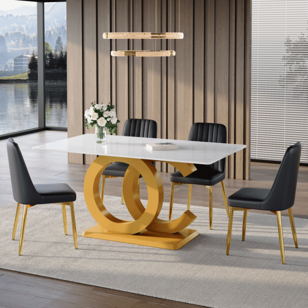 d3c78caaa7dd4cedb2becc6c5e0e76b8_52c837cd709b96fcca6de554cd9560cf Table and chair set.Subtle Luxury Tempered Glass Dining Set - 63"x35.4" with 4 Black PU Chairs.Metal Gold Chair Leg.White imitation marble texture sticker Tabletop. OC-Shaped MDF Table Leg.