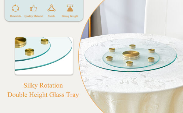 d3d5c9fe148a4246a29e7180b4f29916_5f700e910275b4a7c7394f62b5f9ae11 Double layer rotatable round glass.Golden aluminum plate,The rotatable design makes it convenient to retrieve and place items.The upper glass has a diameter of 24 inches, the lower glass15 inches.