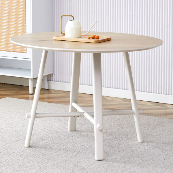 d3dc2c2c1e2a458fab755a38051c720f_3399f79f74b5a4732624f5f108b08540 A modern and minimalist circular dining table with a 42 inch diameter wood colorer patterned tabletop and white metal legs. Suitable for restaurants, living rooms, and conference rooms.