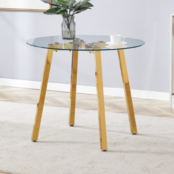 d3e568ad90b1451e83f7baca30bbad43_23ca3b42d80887f907a6c23179c1fa1c Modern Luxurious Round Tempered Glass Dining Table with Gold 7-Shaped Metal Legs,suitable for family meals, office conferences, or as a casual coffee table for various occasions.36*36*29.5