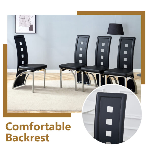 d3e7b985e10e49a59fc5637c5a507163_52ef35f73db7057896003530127f653a Table and chair set.63"*35.4" White Imitation Marble Pattern MDF Dining Table Set - 4 PU Chair With Black Saddleback, Geometric Pattern Backrest,Silver Curved Metal Leg..Suitable For Various Scenes.