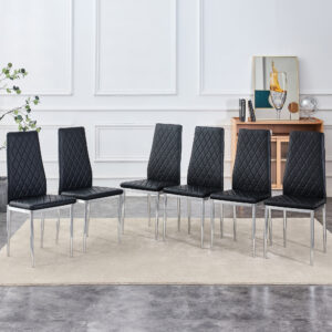 Grid armless high backrest dining chair, black chair and 6-piece set of electroplated metal legs, office chair. Suitable for restaurants, living rooms, kitchens, and offices.W115163430  0924