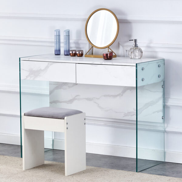 White environmental protection MDF minimalist dresser, desk, desktop computer desk, with double drawer storage space, simple home, perfect for various styles of home environment.
