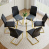 A modern minimalist style round transparent tempered glass table with gold metal legs, paired with 6 modern PU leather high-back dining chairs ,bring a luxurious experience.