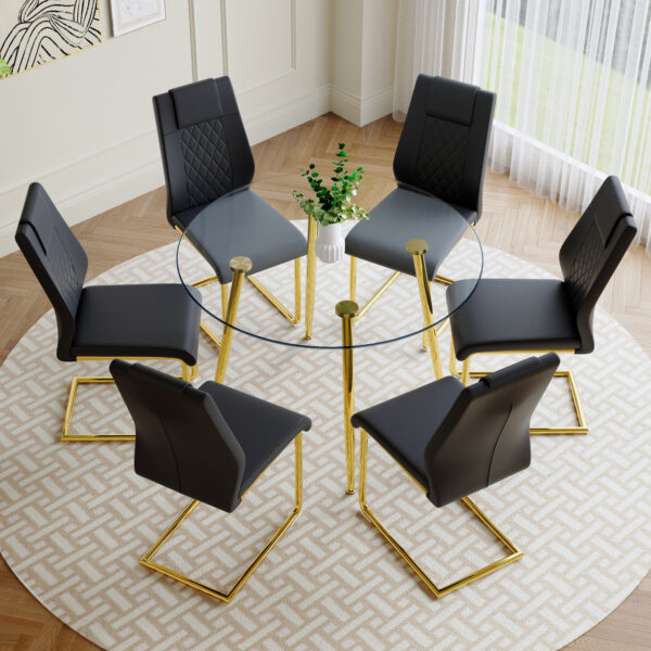 d46c9fe74d24432e8851d731e0cc8859_b816a874eaacfb7de46b849acc1bc9ae A modern minimalist style round transparent tempered glass table with gold metal legs, paired with 6 modern PU leather high-back dining chairs ,bring a luxurious experience.