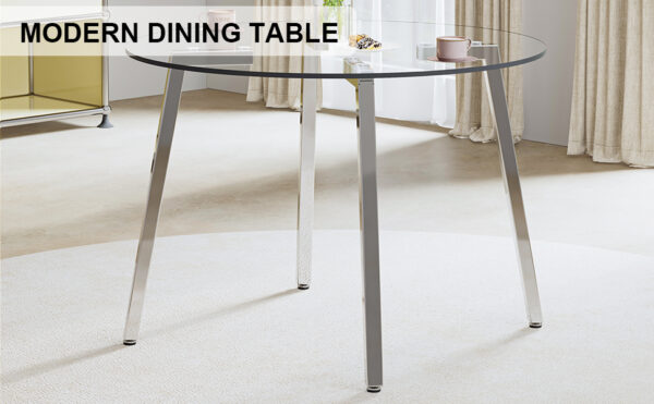 Modern minimalist style circular transparent tempered glass table, tempered glass tabletop, silver metal table legs, suitable for kitchen, dining room, and living room, 42 "* 42" * 29.5 "1123r