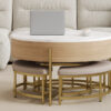 Modern Round Lift-Top Coffee Table with Storage & 3 Ottoman White & Natural