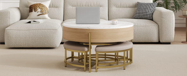 Modern Round Lift-Top Coffee Table with Storage & 3 Ottoman White & Natural