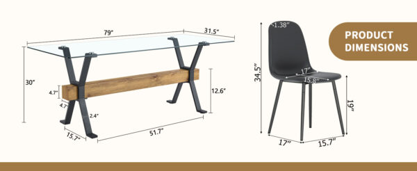 Table and chair set.79"x31.5" with X-shaped Black Metal Table Legs,Wood Grain Textured MDF Crossbeam.Paired With 8 Modern Mid-Century Style Upholstered Side Black PU Chairs.