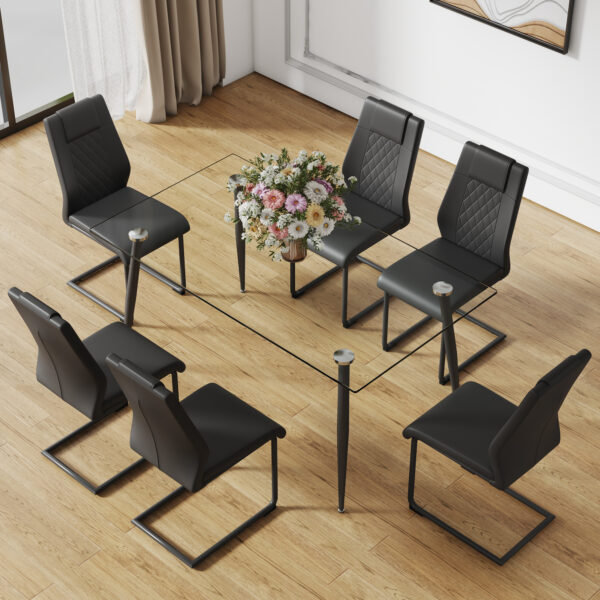 Modern minimalist rectangular transparent tempered glass dining table, 0.4 inches thick, black metal legs, suitable for kitchen, dining room, and living room 63 "* 35.4" * 30 " DT-1544