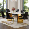 Table and chair set.63"x31.5x30" Luxurious Pandora patterned Sintered Stone Tabletop with Golden Stainless Steel Butterfly Legs.Paried With 6 Black High-quality PU Chairs With Arched Metal Legs.