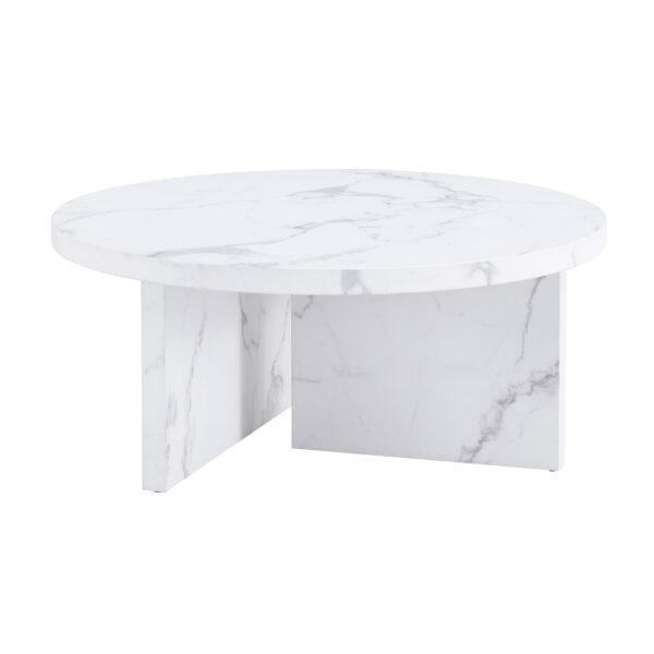 d4a45e67dc074fb0853084bdcb742baf_20240123_da16258246c527c5f8764c813f643c03 A white MDF material circular patterned coffee table, a 31.4-inch white center table, modern coffee table, suitable for small spaces and living rooms.