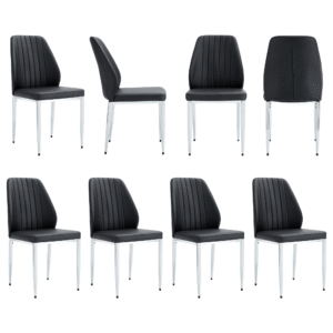Set of 8 Black PU Comfort Dining Chairs (17.7"x25").Dining chair with extended backrest,BLACK PU,Silver metal legs,Suitable for various places such as family restaurants, hotels, coffee shops,etc.