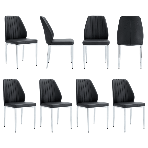 d4aca4b74fc74690bba7fbb92097b1f2_07226e698655bd0b45c3279599bd13cf Set of 8 Black PU Comfort Dining Chairs (17.7"x25").Dining chair with extended backrest,BLACK PU,Silver metal legs,Suitable for various places such as family restaurants, hotels, coffee shops,etc.