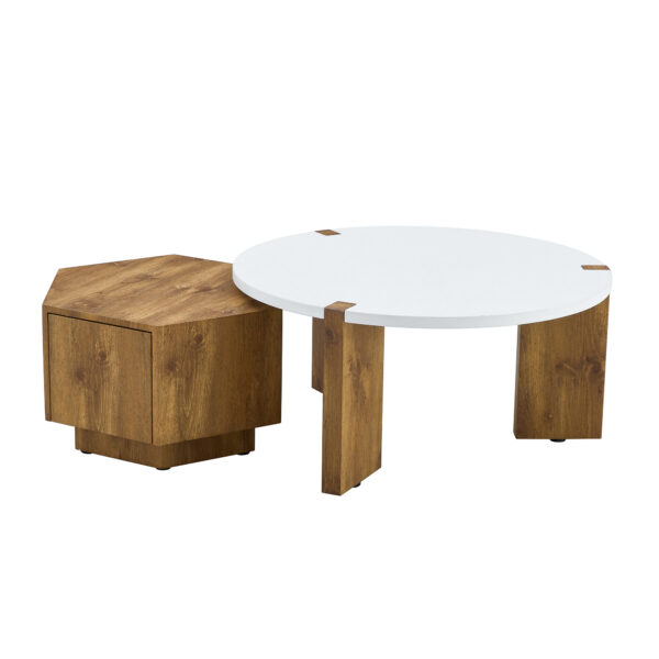 d4b9ee33cf79424395333f798ab8ad3e_f77f04b98310a46853a9985094b611a4 Fashionable and versatile MDF material coffee table set, unlocking a new style in the living room.All are made of MDF material, with white and wood textured stickers on the surface.