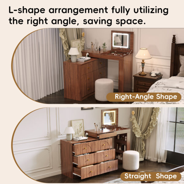 Vanity Desk with Mirror and Lights, Makeup Vanity Table with Flip-Top Tabletop and Storage 7 Drawers, 9 Compartments, 3 Shelves, 3 Color Modes Adjustable Makeup Table for Bedroom, Walnut