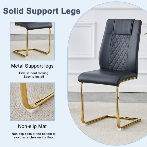 d4ce88830f414f94847556041e2f890b_898c8ffc71561dc5201437a583b2a460 A modern minimalist style round transparent tempered glass table with gold metal legs, paired with 6 modern PU leather high-back dining chairs ,bring a luxurious experience.