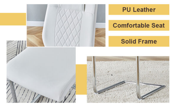 d4d10be27afe46368315cb30fea80a63_2d81782af79d225ec10bc91a2793a50c Table and chair set.63"x31.5x30" Luxurious Pandora patterned Sintered Stone Tabletop with Silver Stainless Steel Butterfly Legs.Paried With 6 White High-quality PU Chairs With Arched Metal Legs.