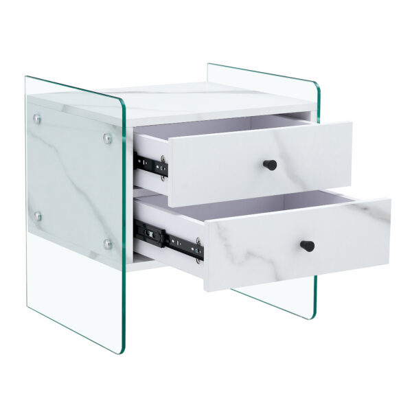 Double-drawer bedside table. The board surface is MDF sticker, and both sides are transparent tempered glass. The design is simple and elegant, with excellent storage functions.