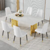 Table and chair set.The table has a glass top with imitation marble pattern stickers and stainless steel golden legs. Paried with chairs with PU artificial leather backrest cushions and black legs.