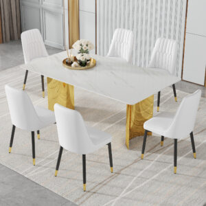 Table and chair set.The table has a glass top with imitation marble pattern stickers and stainless steel golden legs. Paried with chairs with PU artificial leather backrest cushions and black legs.