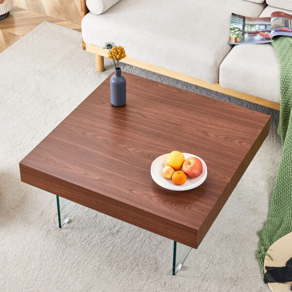 d4e9c25496484ea0ab2539d8c182bebb_de7d89f12c7881b05437e3111ccdec68 Walnut Colored Square MDF Coffee Table - 31.5"x31.5" with Tempered Glass Legs.Density Board Sticker,Reinforced Glass Legs.Walnut Colored Texture Sticker.