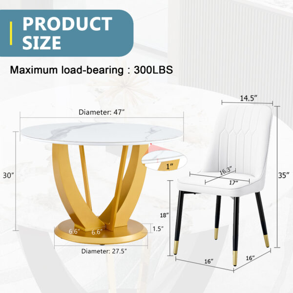d4f144698aaf456b9ab76c3665e487ff_76d91bd56ed5bd931ee96e8177b77a8d Table and chair set.Luxurious Snow Mountain White Slab Round Dining Table Set - 47"x47" with 6 White PU Chairs.Sintered Stone Tabletop,MDF Table Leg,