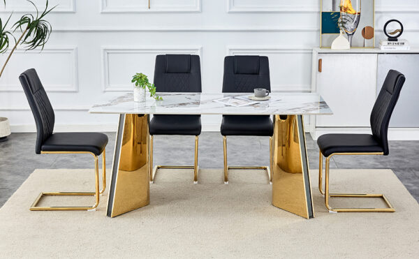 d5063130559443ffa654b74c36f76ba5_17d9375132111919ad9cb24511f486a0 Table and chair set.63"x31.5x30" Luxurious Cold Jade Patterned Sintered Stone Dining Table with Golden Stainless Steel Butterfly Legs.Paried With 4 Black High-quality PU Chairs With Arched Metal Legs.