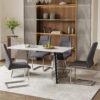 Table and chair set.63"x31.5x30" Luxurious Snow Mountain Patterned Sintered Stone Table with Silver Metal Butterfly Legs.Paried With 4 Dark Gray High-quality PU Chairs With Arched Metal Legs.