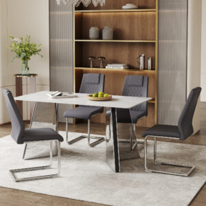 Table and chair set.63"x31.5x30" Luxurious Snow Mountain Patterned Sintered Stone Table with Silver Metal Butterfly Legs.Paried With 4 Dark Gray High-quality PU Chairs With Arched Metal Legs.